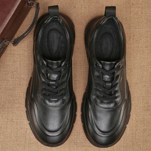 Chunky Shoes Men Genuine Leather <b>Round</b> Toe Lace-up Air <b>Cushion</b> Light Weight All Seasons Solid Black Sneakers - Product Image 3