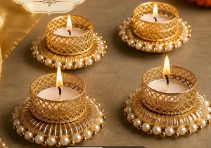 Ensemble de 4 bougeoirs artisanaux en laiton pour mariage et Diwali, écologiques, design traditionnel rond, base perlée, pour salon intérieur - Product Image 5
