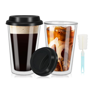 Taza de vidrio de doble pared resistente al calor, taza de café para llevar, vasos de aislamiento térmico con tapa de silicona negra a prueba de fugas - Product Image 5