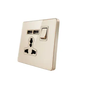 Sirode T1 Series British Standard Gold Acrylic Glass Plate 13A Multi-function Electric Wall Switched Socket With 2 USB For Home