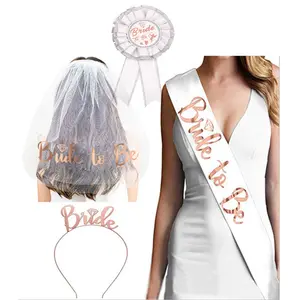 热卖新娘将成为单身派对装饰品套装单身新娘淋浴面纱玫瑰金闪光腰带头饰