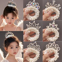 Épingle à cheveux Couronne de Princesse en Perles pour Enfants, Élastique à Cheveux Pompon pour Bébé, Accessoire de Tête Tendance pour Filles