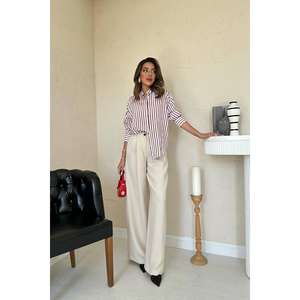 Camisa de Popelina a Rayas Borgoña para Mujer, Estilo Casual para el Día a Día - Product Image 4