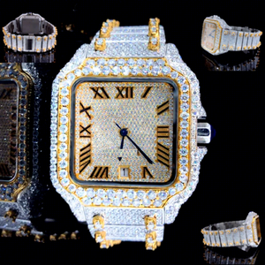 Men's 40mm Square Automatic Moissanite <b>Watch</b> Glass Dial 10 Bar Water Resistant <b>Diamond</b> Iced Design Yellow Gold Stainless Steel - Product Image 1