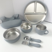 Couvercle en silicone souple en acier inoxydable Assiette de vaisselle à collation Nourriture à succion pour bébé Tasse en silicone Bol à bavoir avec ensemble de cuillères