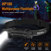 Boruit 18650 Type C Lampe frontale rechargeable Lampe frontale LED Rotation à 180 degrés avec lampe de travail magnétique Lampe de poche à double usage