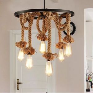 6 lumières industrielles vintage chanvre corde <span class=keywords><strong>lustre</strong></span> cordes lustres lumière luxe moderne <span class=keywords><strong>lustre</strong></span> vintage - Product Image 2