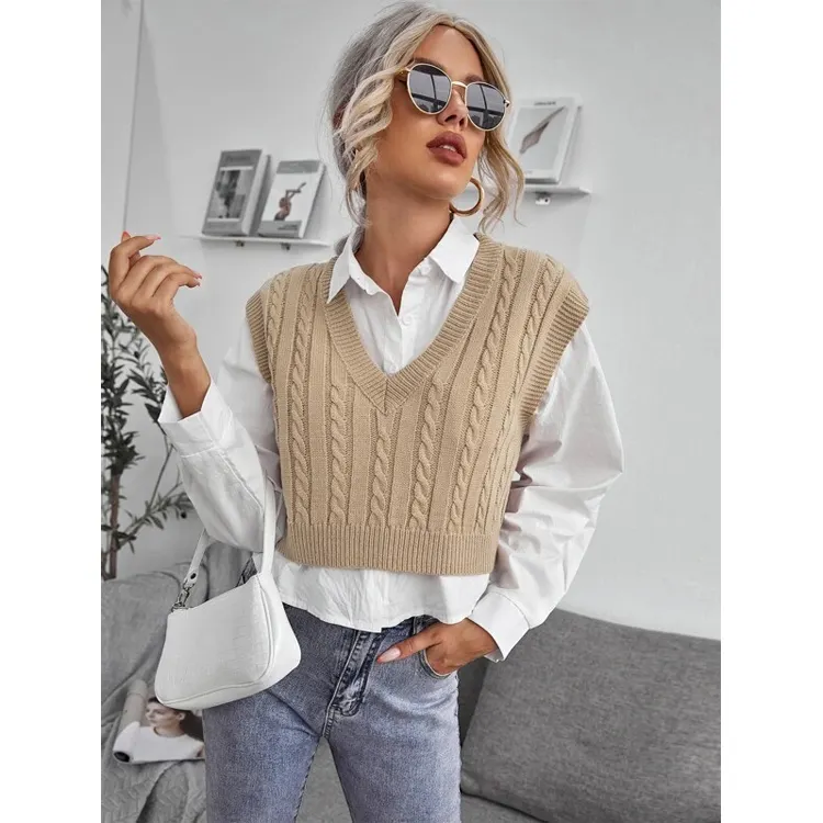 woman customized Knit Tops Cable Knit V-neck Sweater Vest