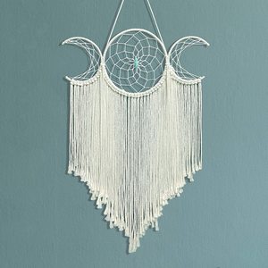 <span class=keywords><strong>Acchiappasogni</strong></span> Boho Grande Fatto a Mano, Decorazione Murale a Tripla Luna in Corda di Cotone Bianca Intrecciata Macramè - Product Image 1