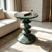 Table d'appoint ronde en marbre vert naturel, plateau en pierre veinée gris et blanc, base en forme de C, table d'appoint pour salon, villa, hôtel, maison