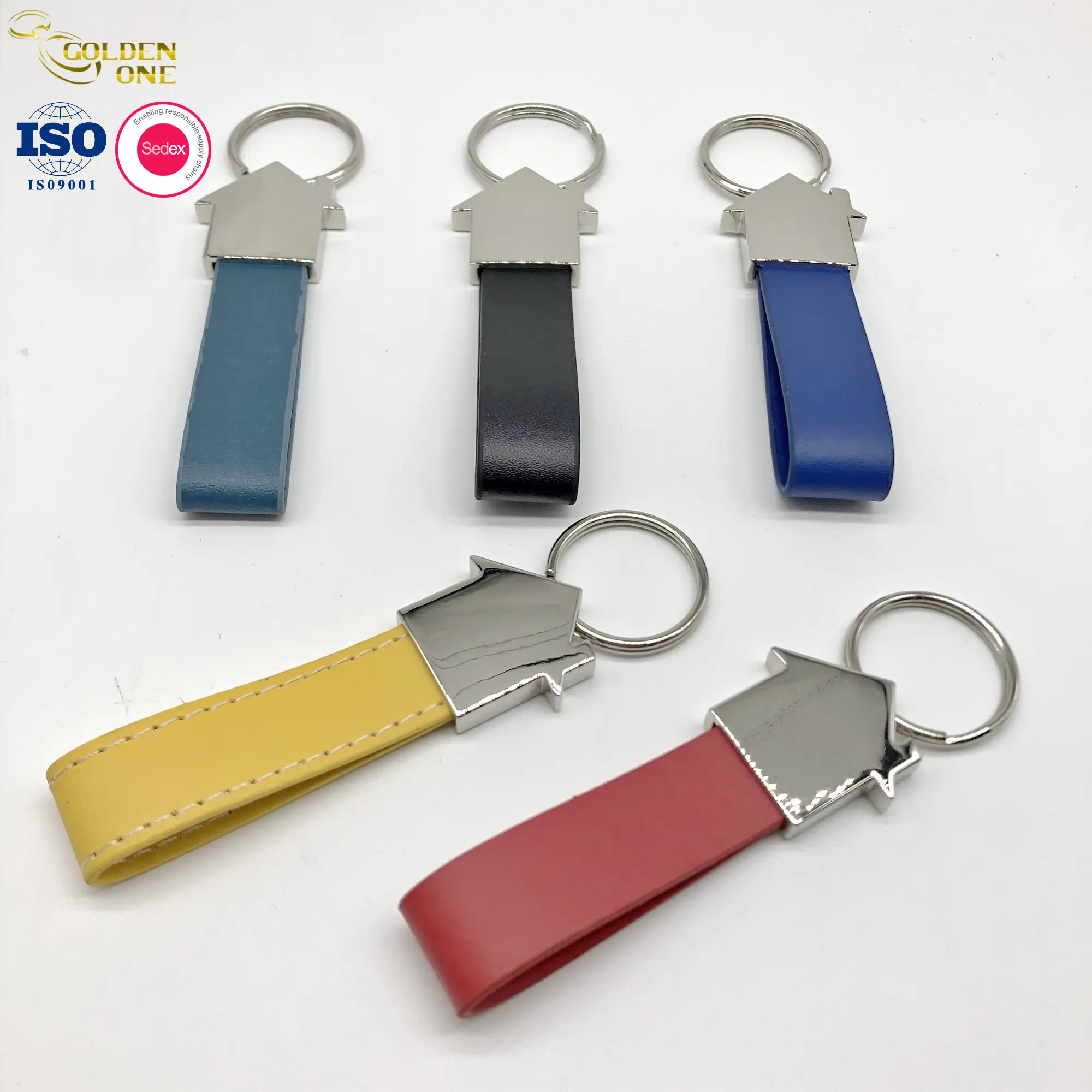 Manufacturer Custom Business Car Keychain Compact PU Leather Key Holder zinc alloy souvenir keychain House Shape Metal Key Tag