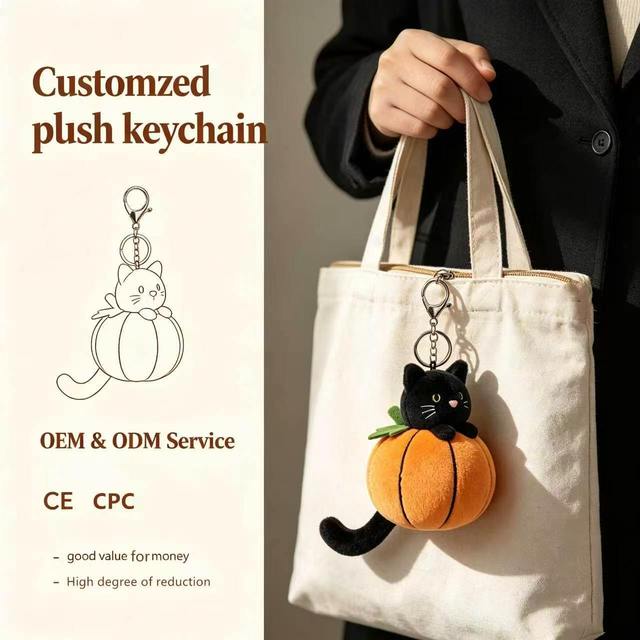 Custom Halloween Pumpkin Black Cat Plush Keychain, High Reduction Custom Stuffed Animal Keyring for Festival Promotional Gift CE