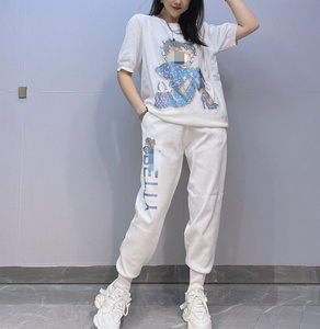 Bling Bling kim cương Ngắn Tay Áo t Áo sơ mi và quần dài thiết lập thời trang hai mảnh thiết kế Phụ nữ phù hợp với oc1014 - Product Image 2