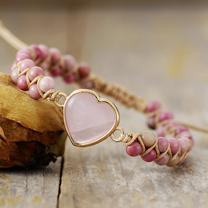 Heart-Shaped Double-Layer Rose Quartz Hand-Woven <b>Adjustable</b> <b>Bracelet</b> Gift Jewelry - Product Image 1