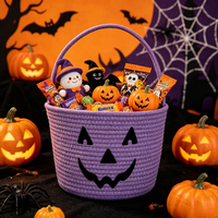 Décoration de fête d'Halloween : Panier en corde de coton tressé en forme de citrouille pour bonbons et collations, ornement festif pour la maison