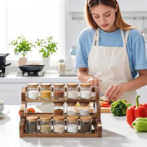 Solid Wood Kitchen Spice Rack 3 Tier Standing <b>Desktop</b> Storage Organizer For Countertop Cabinet Use - Product Image 1