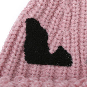 Cute Devil Knitted Hat Pink Woolen Warm Winter Hat For Women Large Rolled Brim Fleece Beret - Product Image 2