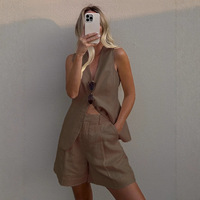 Ensemble décontracté 2 pièces pour femme, nouveau modèle été 2026, en coton et lin, avec gilet et short au-dessus du genou, col en V, style patchwork, vente en gros