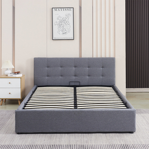Master Bedroom Grey Linen Hydraulic Storage Bed Frame With Soft Padded <b>Headboard</b> - Product Image 5