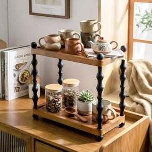 Étagère de rangement en bois à double couche, couleur bois naturel, multifonctionnelle, de type vertical, pour cosmétiques, tasses à café, condiments - Product Image 1