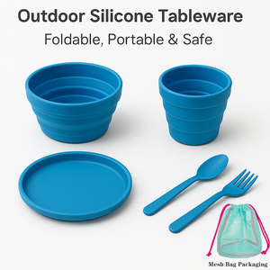 Ensemble de vaisselle de camping en silicone 5-en-1 pour l'extérieur, bol pliable, tasse, assiette, cuillère et fourchette, portable et sans BPA, couleurs et logo personnalisés - Product Image 2