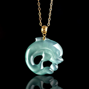 Authentic Natural A-grade Jade Blue Water Dolphin Gemstone Pendant with 18K Gold Ice-Texture Setting - Product Image 1