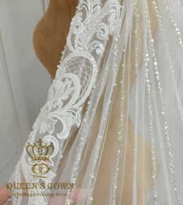 QUEENS GOWN Gorgeous Lace Applique Cathedral <strong>Veil</strong> <strong>Sparkling</strong> Ivory Beaded One-layer Wedding <strong>Veil</strong> with Lace Edge - Product Image 6
