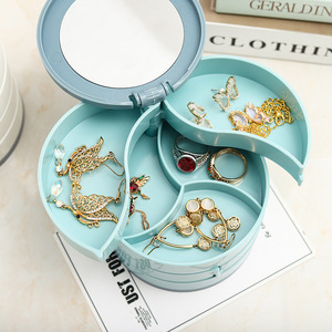 Rotating Multi Tier Jewelry Box 4 Layers With Mirror <b>Desktop</b> Organizer For Earrings Bracelets Necklaces Storage Blue - Product Image 3