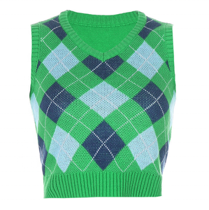 V-Neck Vintage <strong>Argyle</strong> <strong>Sweater</strong> <strong>Vest</strong> Women Y2K Black Sleeveless Knitted Crop <strong>Sweaters</strong> Casual Autumn Preppy Style - Product Image 5