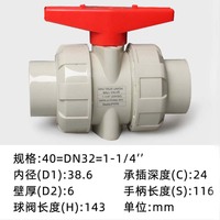 Katup Bola Pph Union Dua Arah Bahan OTEF Tekanan 1.6MPa Ulir Internal Segel Lunak Pipa Air Industri Manual OEM