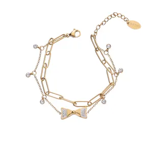Wholesale 18k Gold Plated Double Layered Chain Bracelet Stainless Steel Bowknot Charm For Women Trendy Wedding Gift