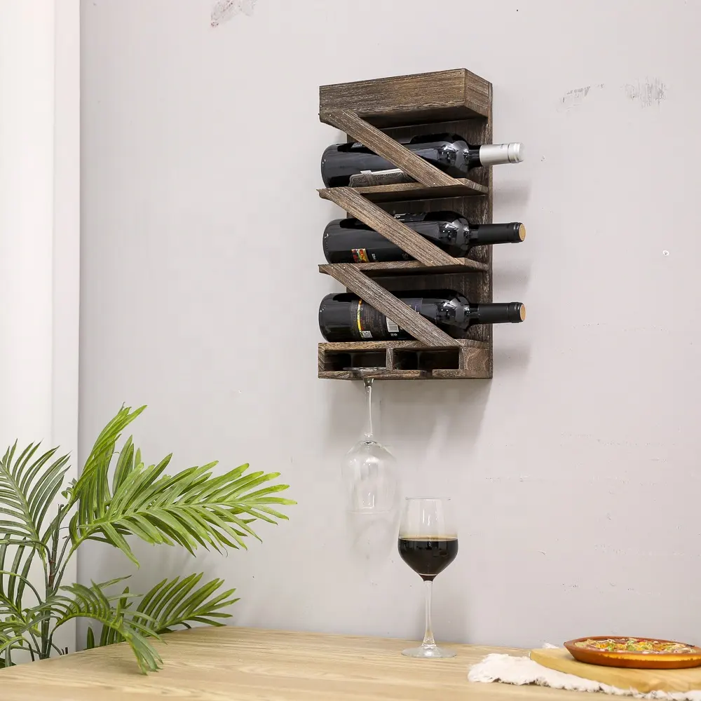 Özel logo avrupa ahşap şarap rafı duvara monte asılı viski şarap şişesi teşhir depolama rafı