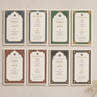 Ensemble d'invitations de mariage musulmanes traditionnelles de luxe, cartes en papier imprimées sur mesure avec motif mosaïque complexe et options de cadres multicolores