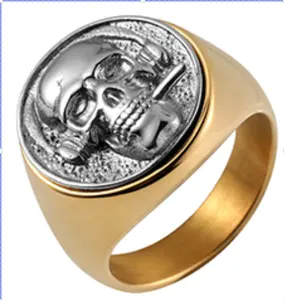 定制雕刻商标复古银色黑色金色骷髅海盗珠宝不锈钢男士戒指骷髅厚重高品质