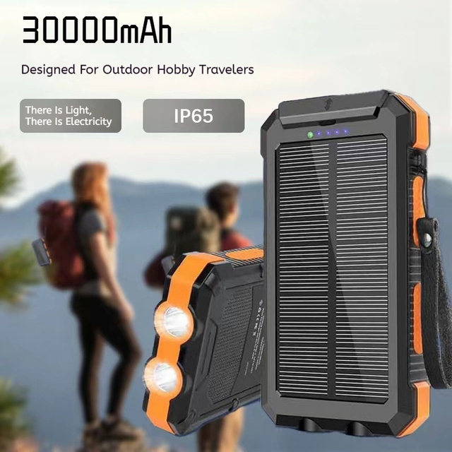 Large Capacity 30000mAh Solar Power Bank New Outdoor Triple Protection Waterproof with Camping Light Portable 3mm Thickness