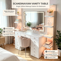 Ensemble coiffeuse moderne en MDF avec 9 tiroirs, grand rangement, éclairage LED, rose, pour chambre de princesse, salle de bain, salon, hôtel