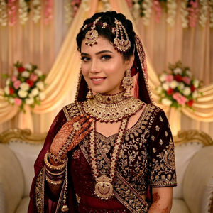 Luxury Maroon Bridal Jewellery Set with Choker Long Haar Matha Patti Nath Earrings Bangles <b>Wedding</b> Necklace Set for Women - Product Image 1