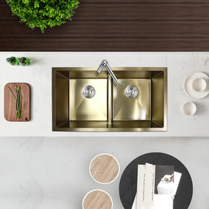 Nuovo Lavello da <span class=keywords><strong>Cucina</strong></span> Moderno in Acciaio Inox, <span class=keywords><strong>Vasca</strong></span> Doppia Resistente, Montaggio Sottopiano, Finitura Oro Lucida - Product Image 2