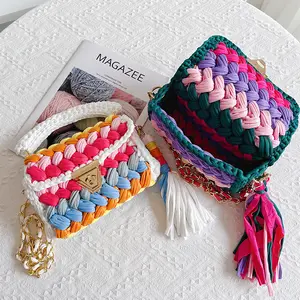 Tianjin SY Multi Color Handbags Beach Yarn Purse Woven Shoulder Bags Colorful Rainbow Luxury Crochet Bag Handmade