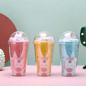 450ml Double Wall Plastic Unicorn Tumbler with Straw Dome Lid Colorful Kids Water <b>Cup</b> for Cold Drinks - Product Image 2