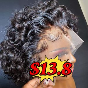 Promotion 13,8 $ : Perruques Courtes Bouclées Pixie Colorées en Gros, 13x4 Lace Frontal, 100% Cheveux Humains, Effet Mouillé et Ondulé - Product Image 1