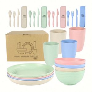Ensemble de vaisselle écologique et biodégradable de 16 pièces, ensemble de couverts en paille de blé, assiettes et plats - Product Image 1