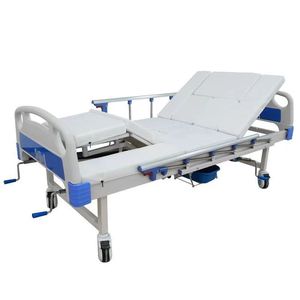 Lit médicalisé manuel Mz 486 en acier inoxydable pour soins aux personnes âgées, avec dossier et barrières latérales réglables - Product Image 1