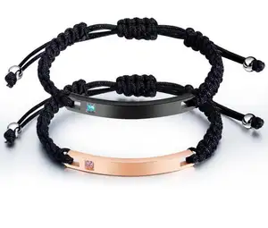 Custom metal plate engraved logo hand made adjustable rope couple bracelet