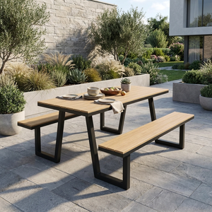 Mesa de <span class=keywords><strong>Picnic</strong></span> Integrada Moderna con Bancos, Listones de Plástico Imitación Madera, Estructura de Acero con Recubrimiento en Polvo, Resistente, Juego de Comedor para Exteriores, para Parque o Villa - Product Image 3