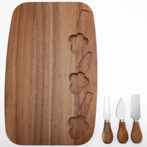 Wooden <b>Cheese</b> Cutting Board With <b>Knives</b> <b>Set</b> Portable Reversible Durable For <b>Cheese</b> And Fruit Slicing - Product Image 3