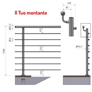 Pasamanos vertical de 42,4mm Offset, 7 travesaños, acero inoxidable satinado, AISI 304, barandillas de fijación de altura del suelo - Product Image 1