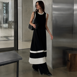Robe longue minimaliste sans manches pour femme, col rond, couleur contrastante, coupe ample, noir et blanc, toutes saisons, respirante, tissée - Product Image 4
