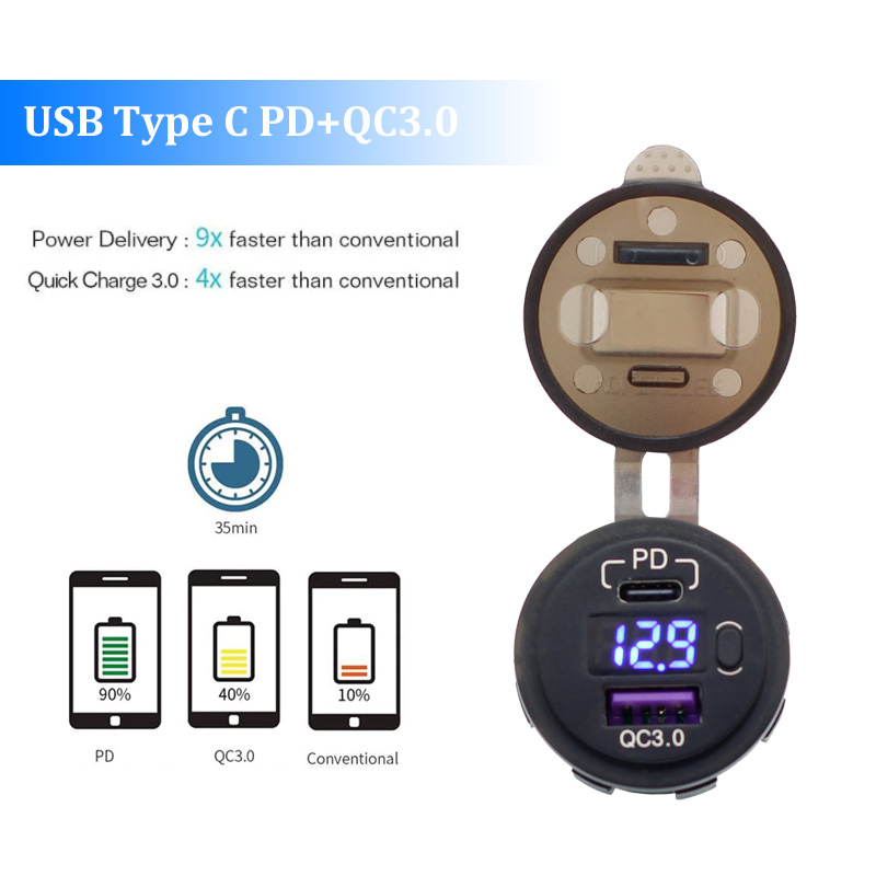 QC3.0 PD tipo C doppia porta USB adattatore presa per caricabatteria da auto a ricarica rapida pannello di alimentazione USB 12V/24V con Swh per moto Marine