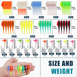 Kit de 65 señuelos para crappie, cabezas de jig, anzuelos de pesca, señuelos blandos de cola bifurcada, señuelos de natación para trucha, lubina, lucioperca, bluegill, perca - Product Image 3